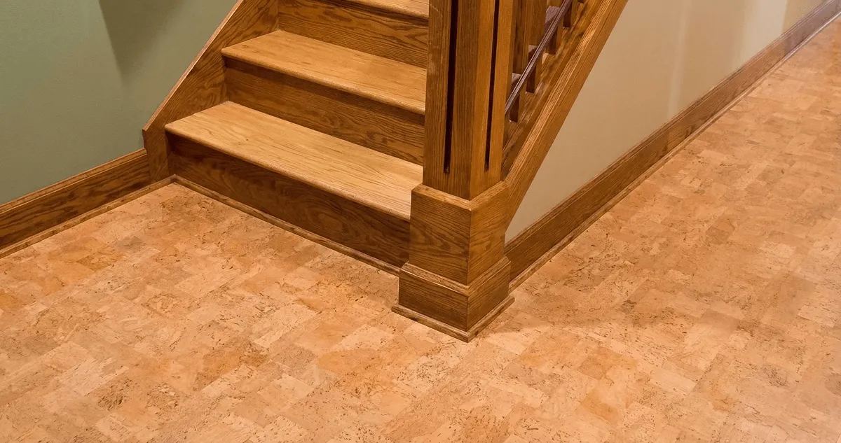 End of a staircase with cork flooring in San Jose, CA